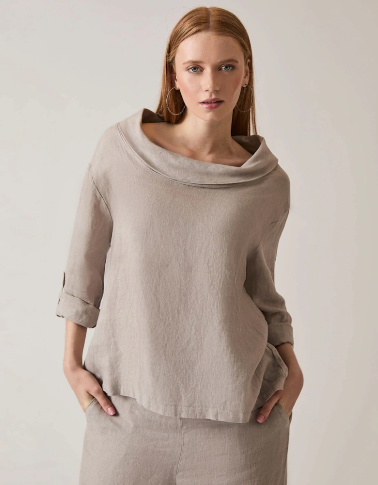 Cowl Neck Linen Taupe Top - VIP