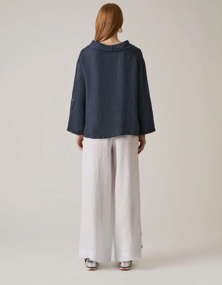 Cowl Neck Linen Navy Top - VIP