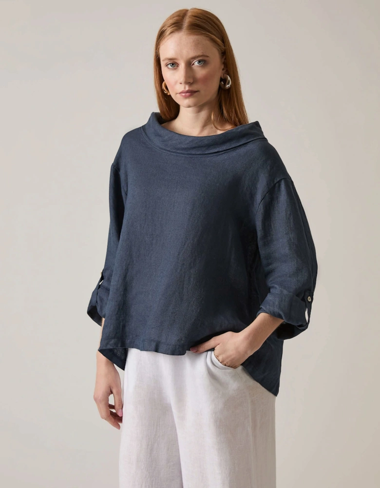 Cowl Neck Linen Navy Top - VIP