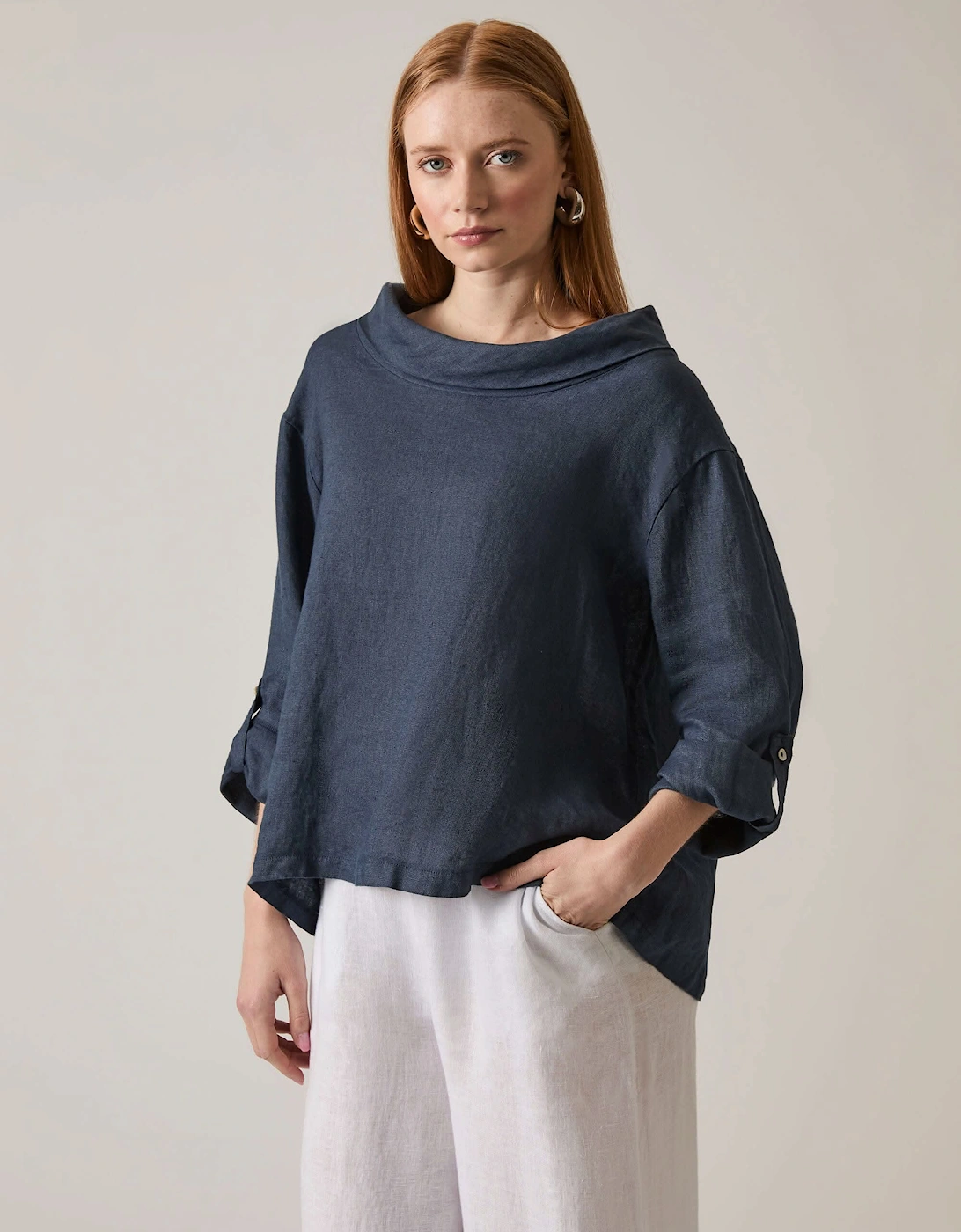 Cowl Neck Linen Navy Top - VIP