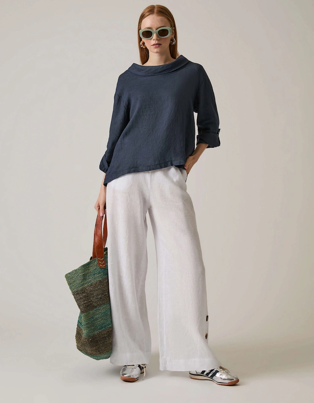 Cowl Neck Linen Navy Top - VIP