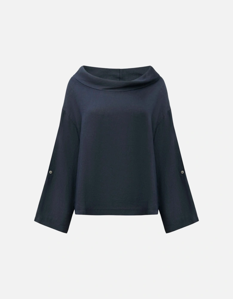 Cowl Neck Linen Navy Top - VIP