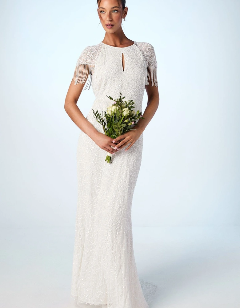 Fringe Embellished Cape Wedding Dress