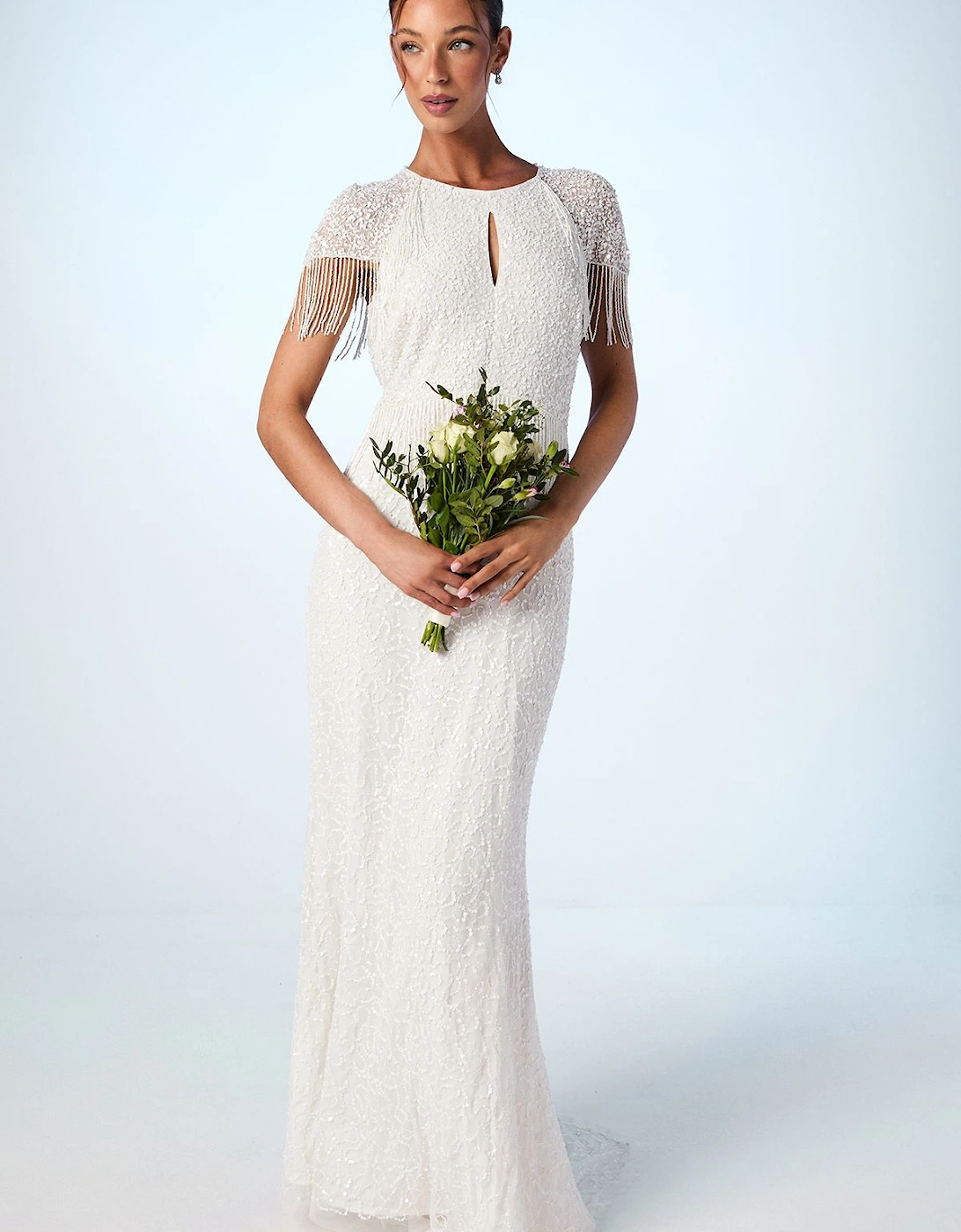 Fringe Embellished Cape Wedding Dress, 2 of 1