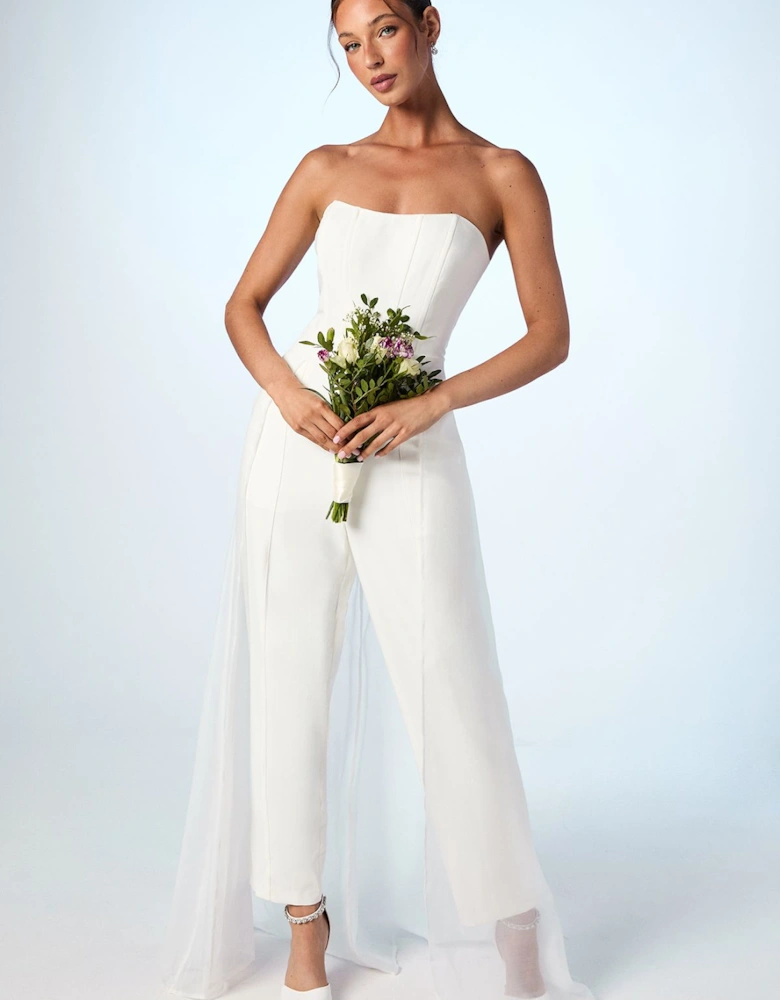 Corset Crepe Wedding Jumpsuit with Organza Overskirt