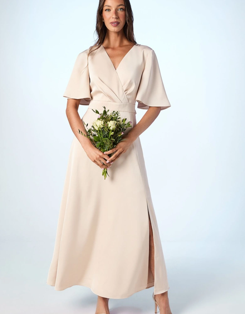Angel Sleeve Wrap Satin Maxi Bridesmaids Dress