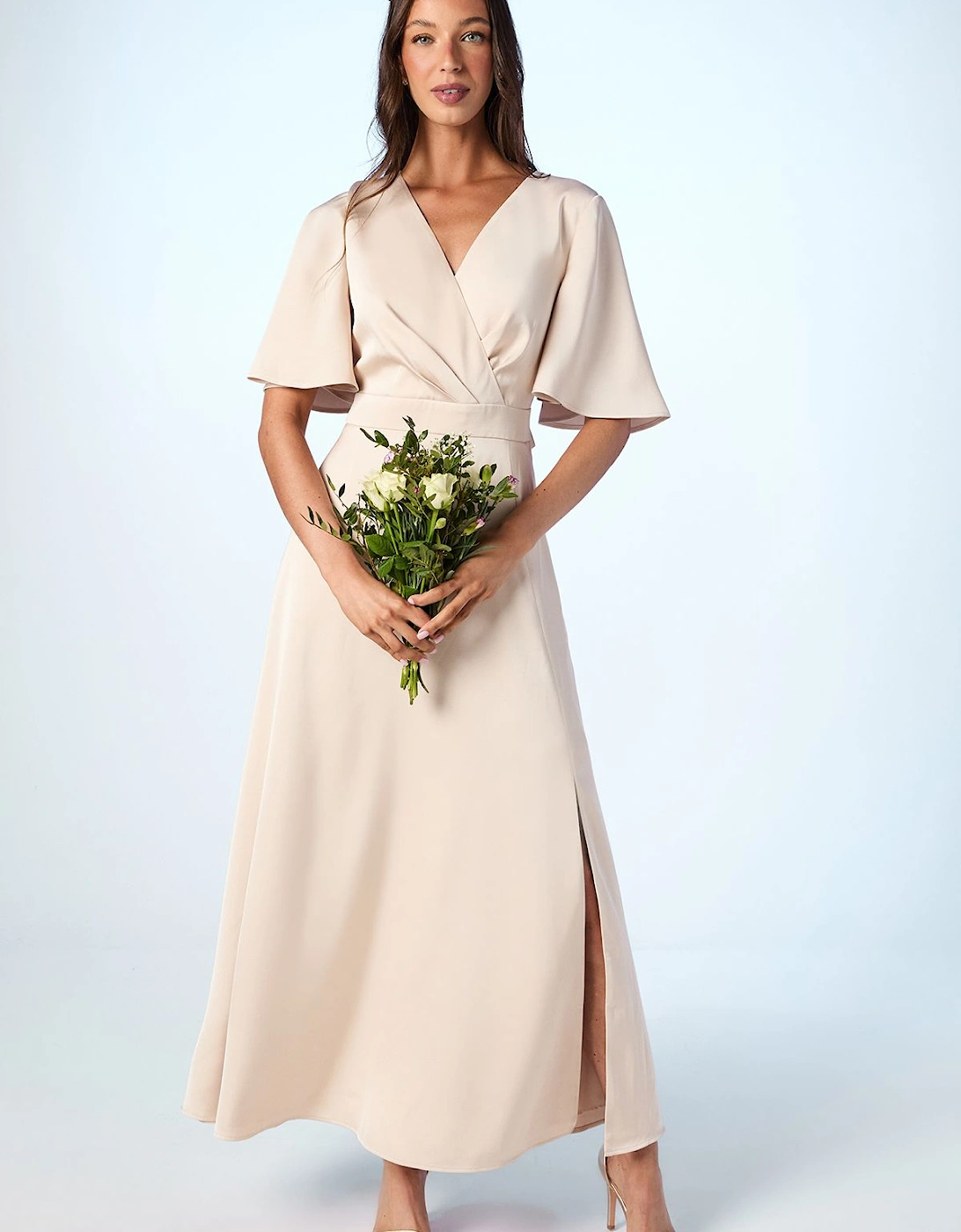 Angel Sleeve Wrap Satin Maxi Bridesmaids Dress, 2 of 1