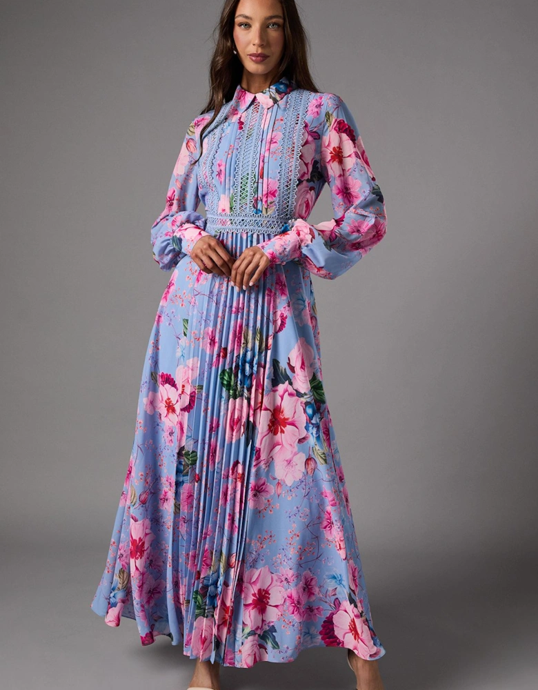 Pleated Printed Long Sleeve Midi Dress With Lace Trim
