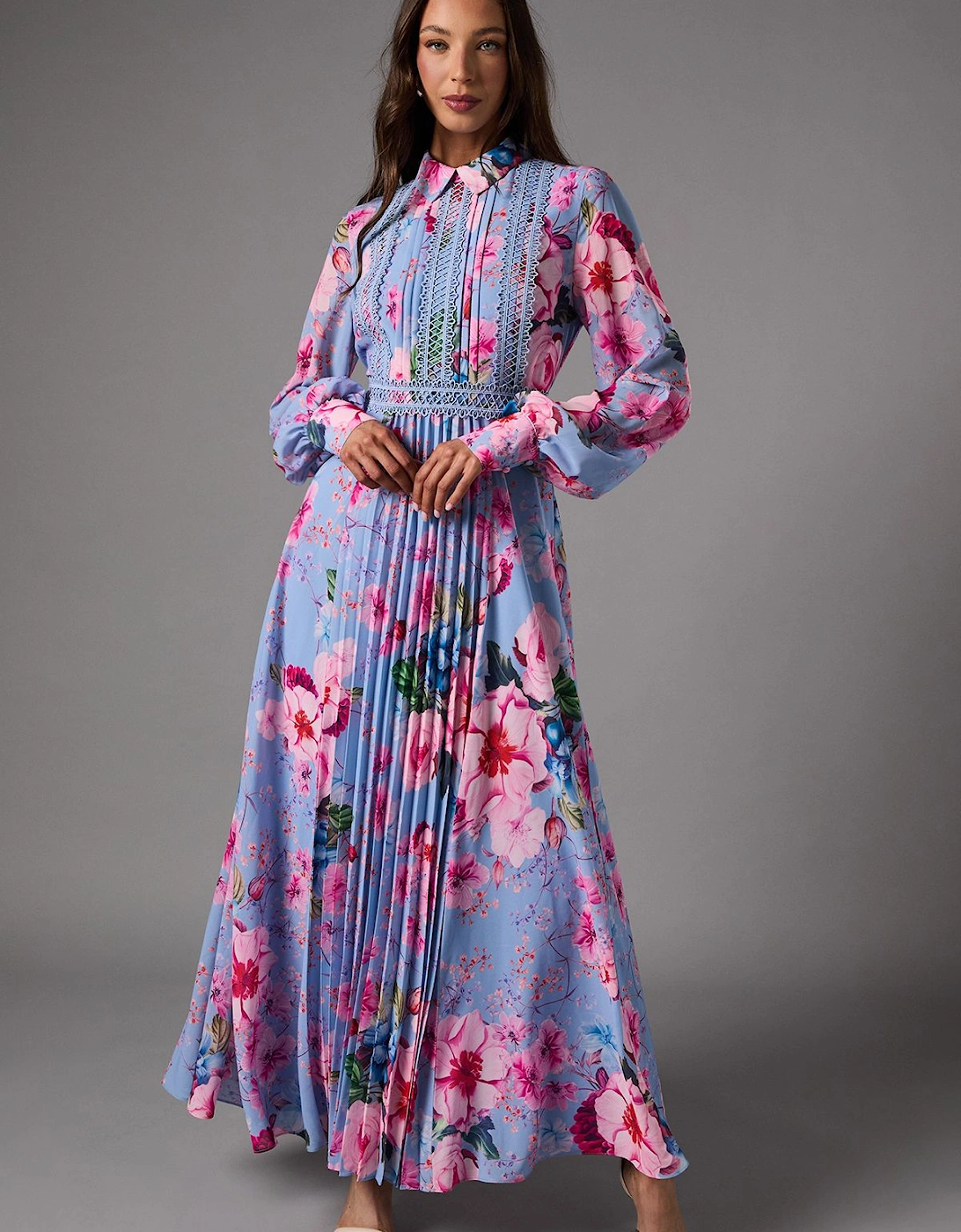 Pleated Printed Long Sleeve Midi Dress With Lace Trim, 2 of 1