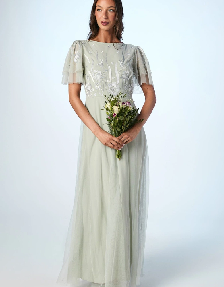 Embroidered Angel Sleeve Maxi Bridesmaids Dress