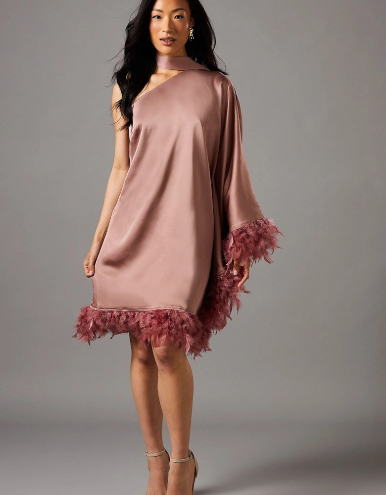 One Shoulder Feather Trim Satin Mini Dress