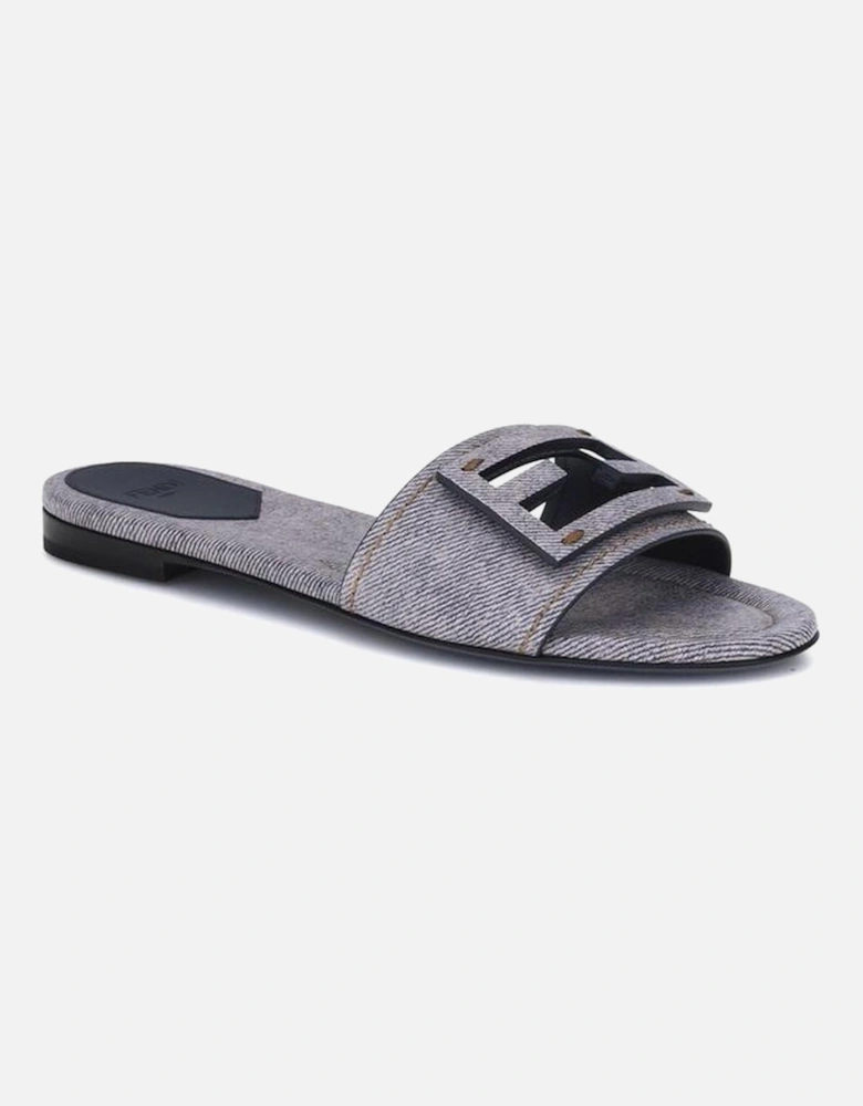 Denim-Effect Slide Sandals with FF Baguette Detail Women - Gray