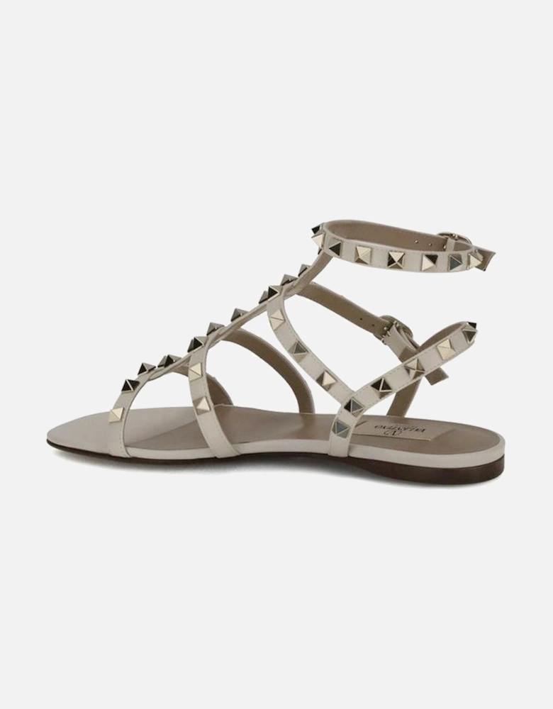 Leather Rockstud Flat Sandals with Ankle Strap Women - White