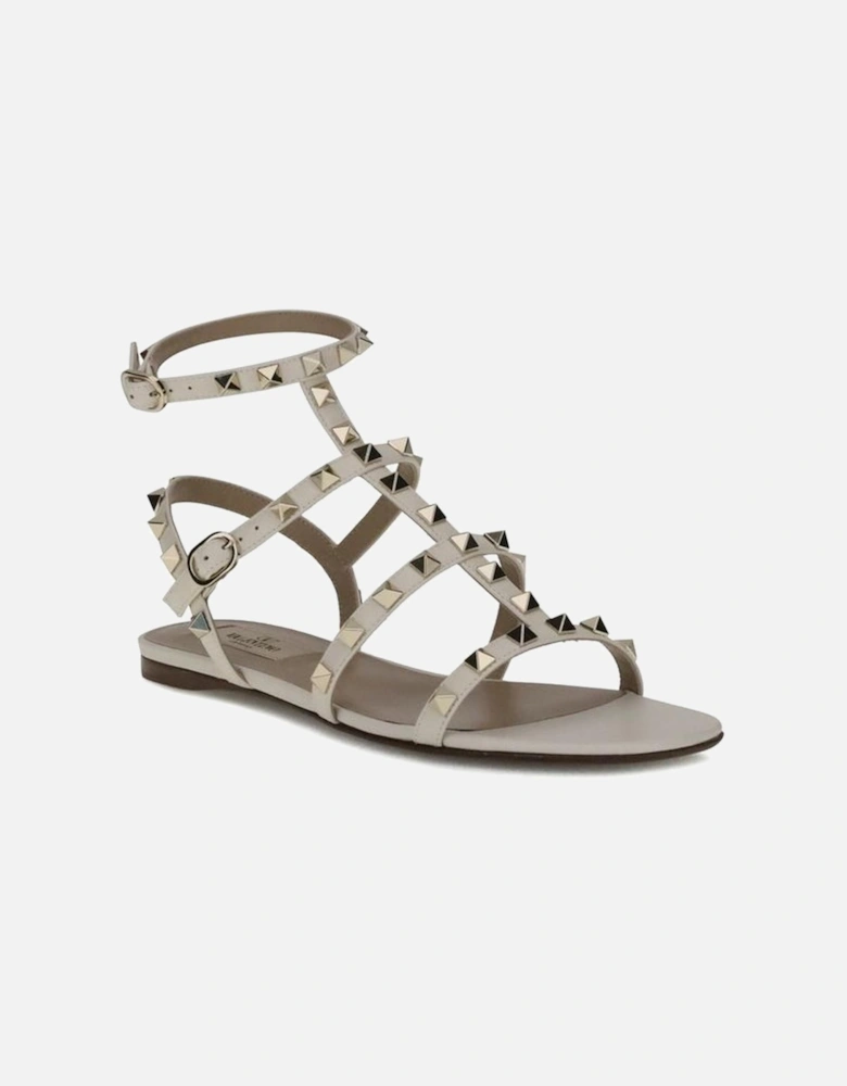 Leather Rockstud Flat Sandals with Ankle Strap Women - White