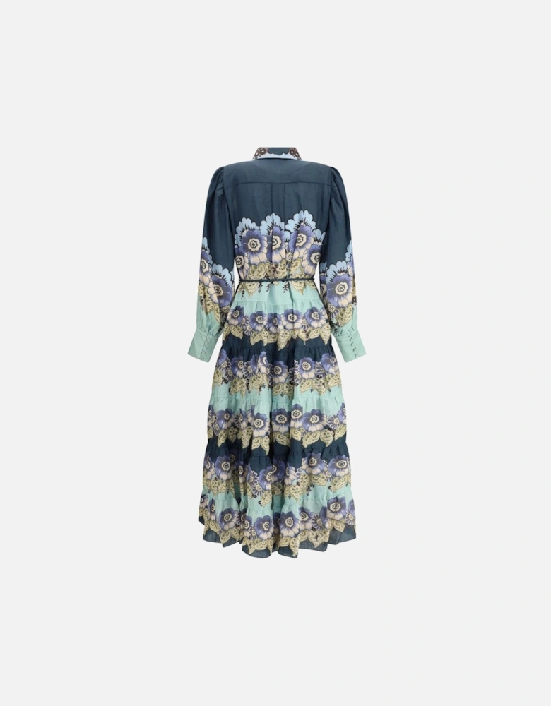 Floral Chemisier Dress with Flared Skirt Women - Blue Dresses