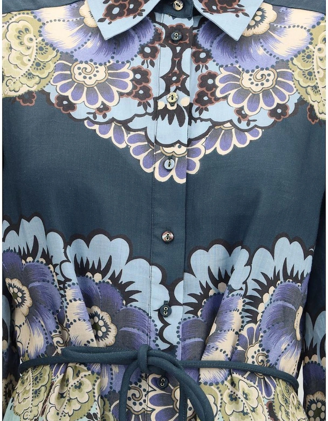 Floral Chemisier Dress with Flared Skirt Women - Blue Dresses