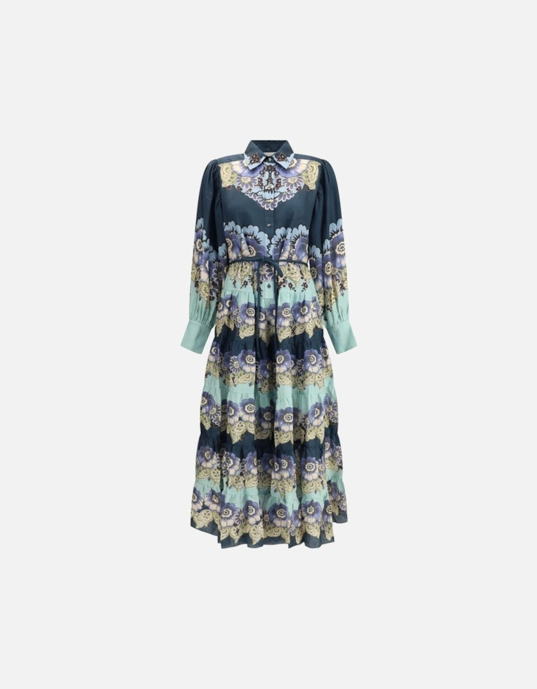 Floral Chemisier Dress with Flared Skirt Women - Blue Dresses