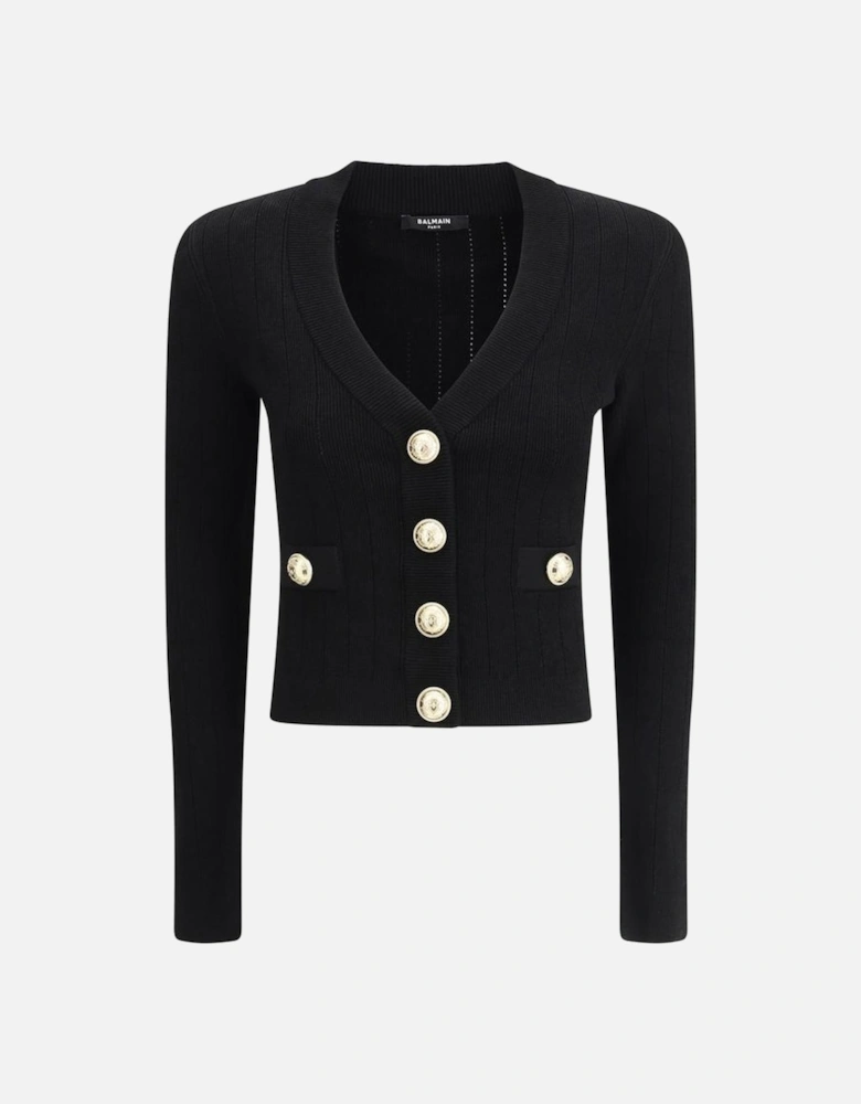 Cropped V-Neck Cardigan with Embossed Buttons Women - Black Sweaters