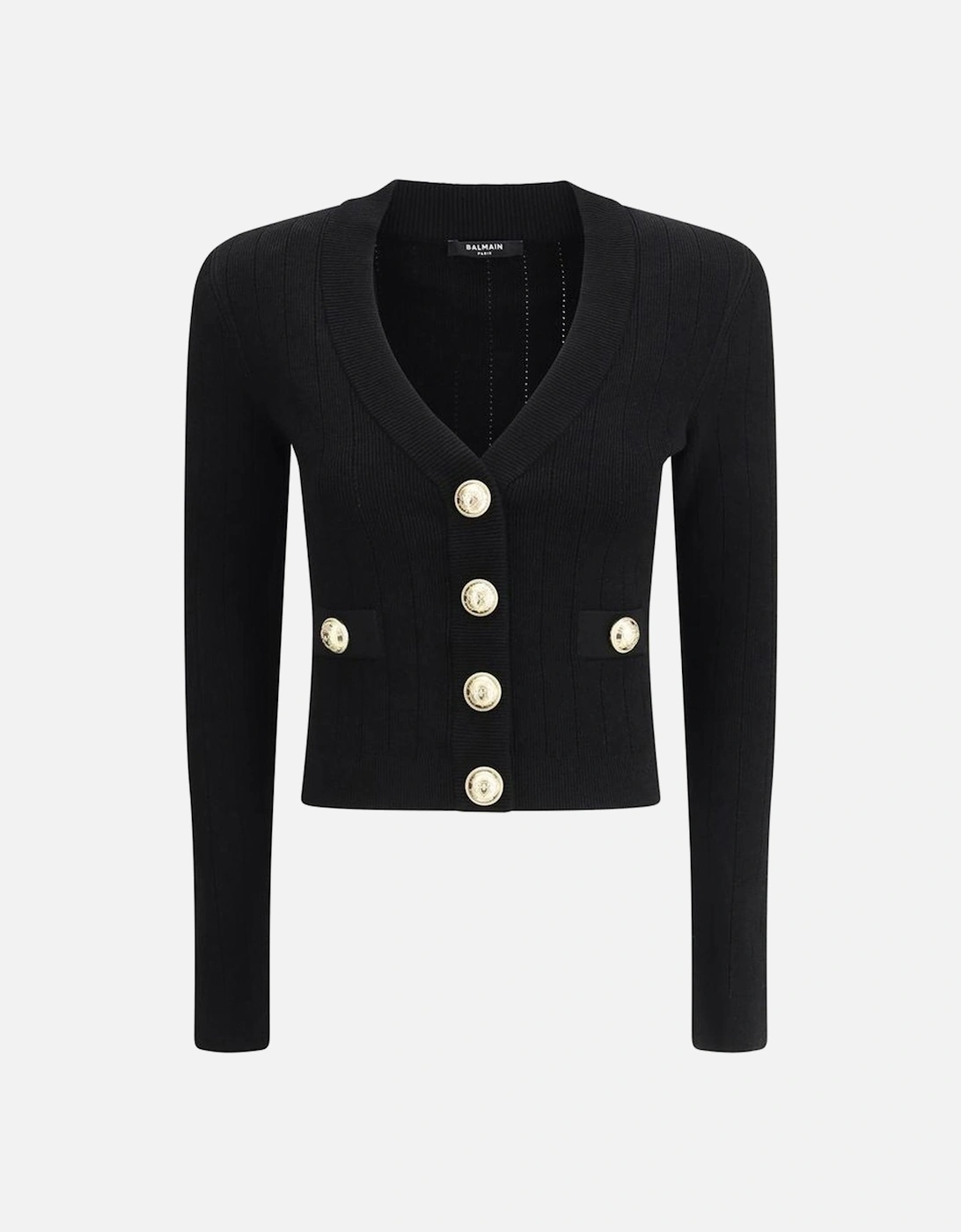 Cropped V-Neck Cardigan with Embossed Buttons Women - Black Sweaters, 4 of 3
