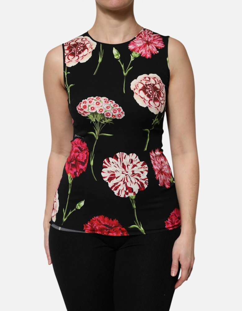 Sleeveless Floral Print Silk Top Women - Black T-Shirts