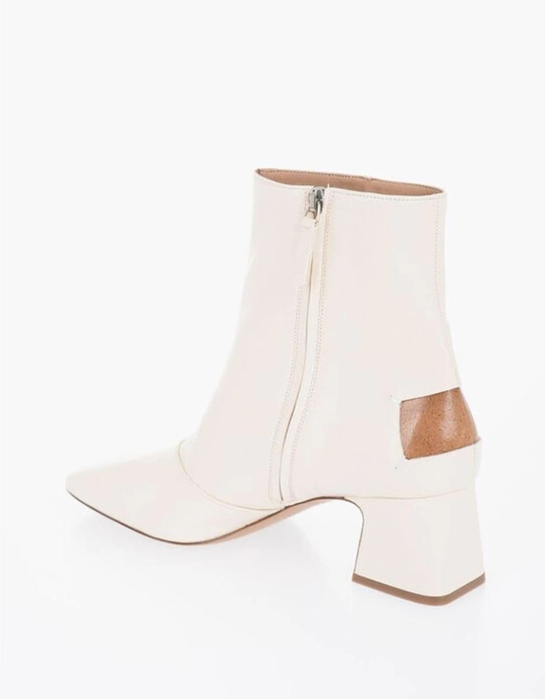 Square Heel Leather Sole Ankle Boots Women - Beige