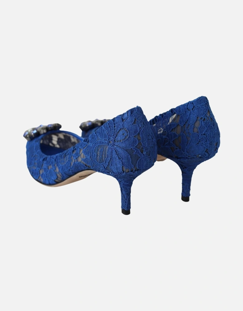 Openwork Floral Lace Crystal Buckle Heels Women - Blue Pumps