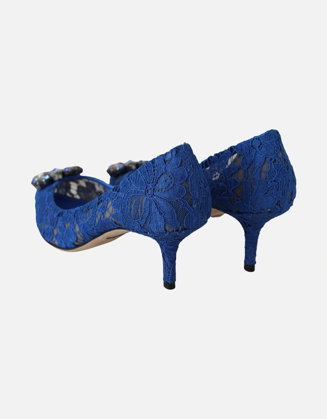 Openwork Floral Lace Crystal Buckle Heels Women - Blue Pumps