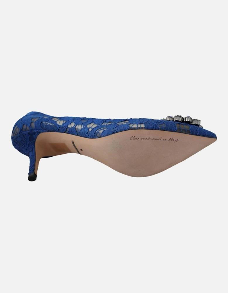 Openwork Floral Lace Crystal Buckle Heels Women - Blue Pumps
