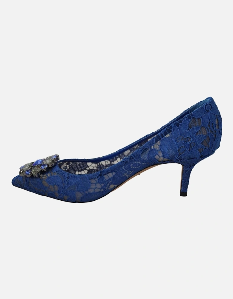 Openwork Floral Lace Crystal Buckle Heels Women - Blue Pumps