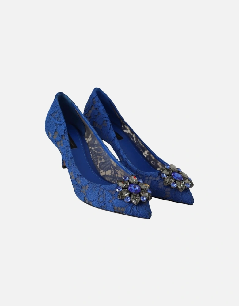Openwork Floral Lace Crystal Buckle Heels Women - Blue Pumps