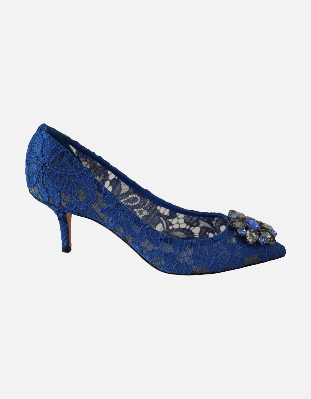 Openwork Floral Lace Crystal Buckle Heels Women - Blue Pumps, 6 of 5