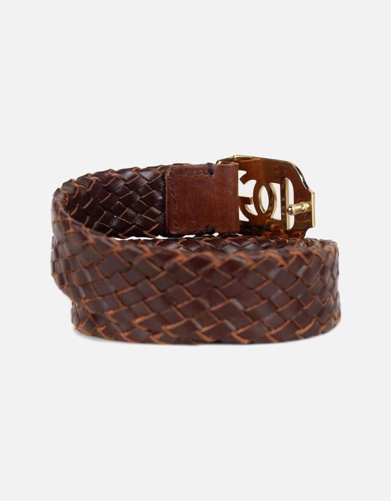 Woven Calfskin Belt with Metal DG Buckle Women - Brown