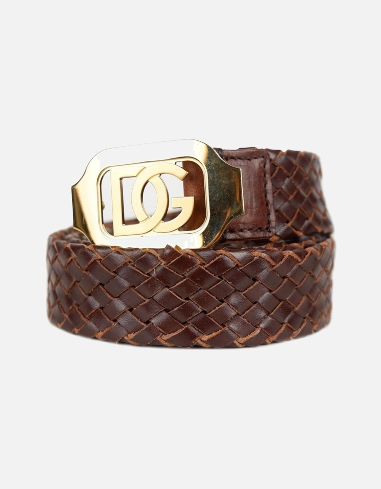 Woven Calfskin Belt with Metal DG Buckle Women - Brown