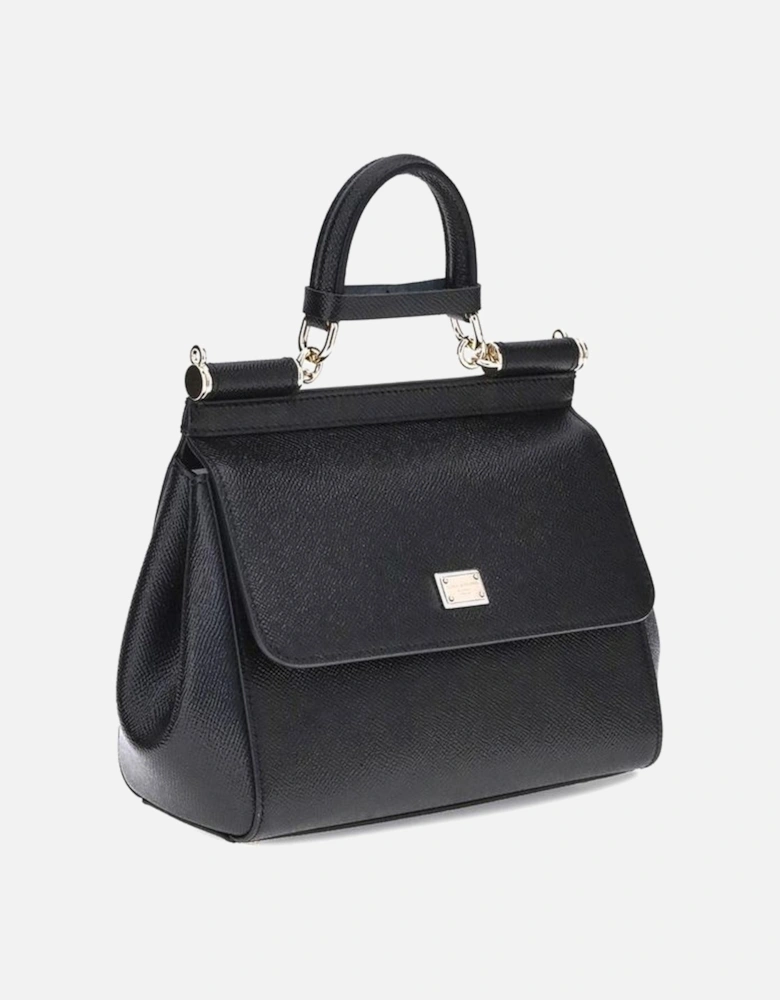Leather Handbag with Top Handle and Adjustable Strap Women - Black
