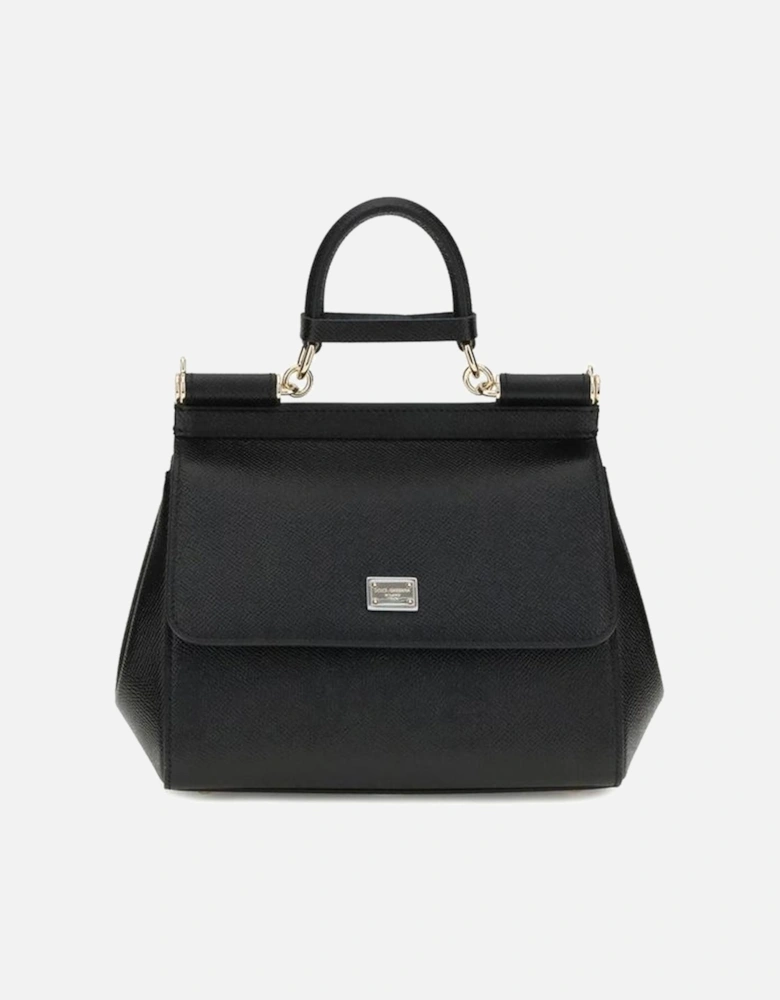 Leather Handbag with Top Handle and Adjustable Strap Women - Black