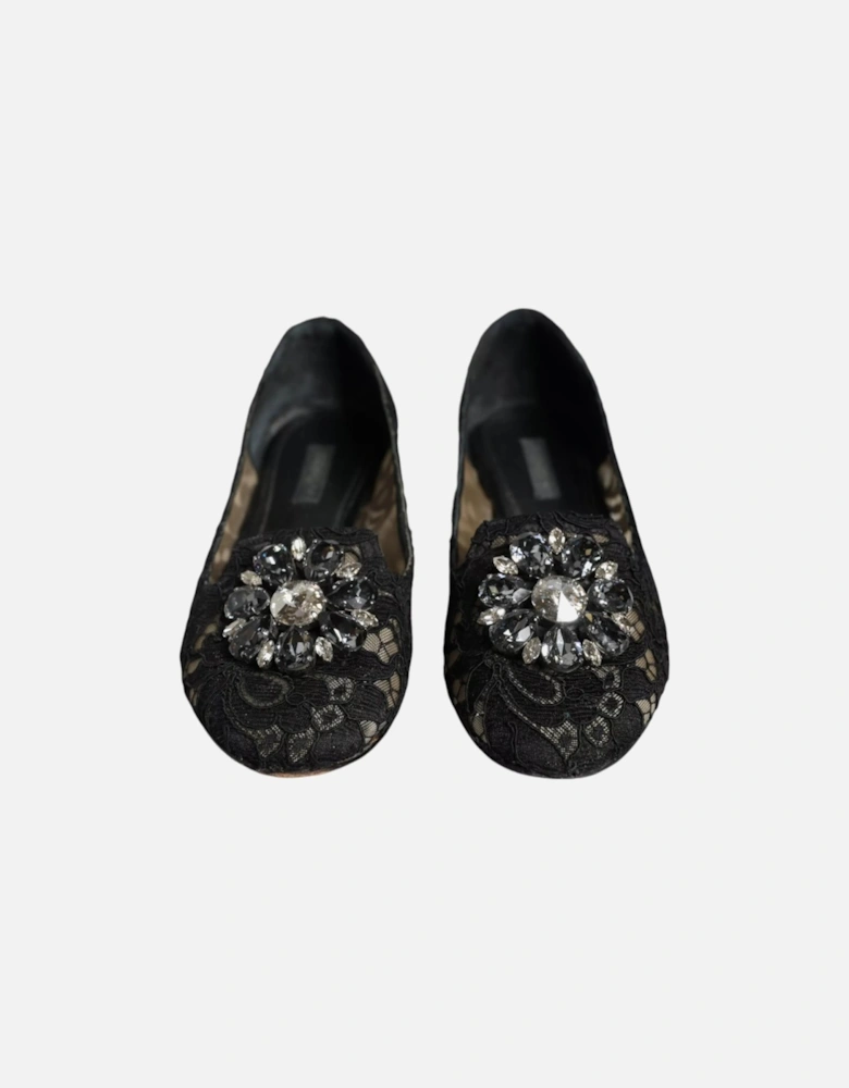 Floral Lace Ballet Flats with Crystal Buckle Women - Black Flat Shoes