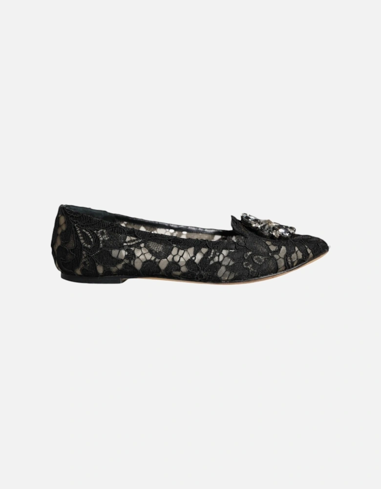 Floral Lace Ballet Flats with Crystal Buckle Women - Black Flat Shoes