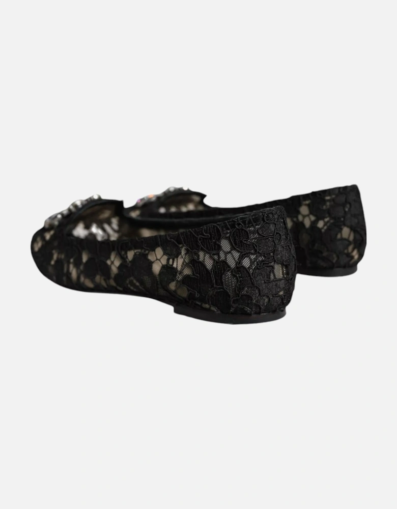 Floral Lace Ballet Flats with Crystal Buckle Women - Black Flat Shoes