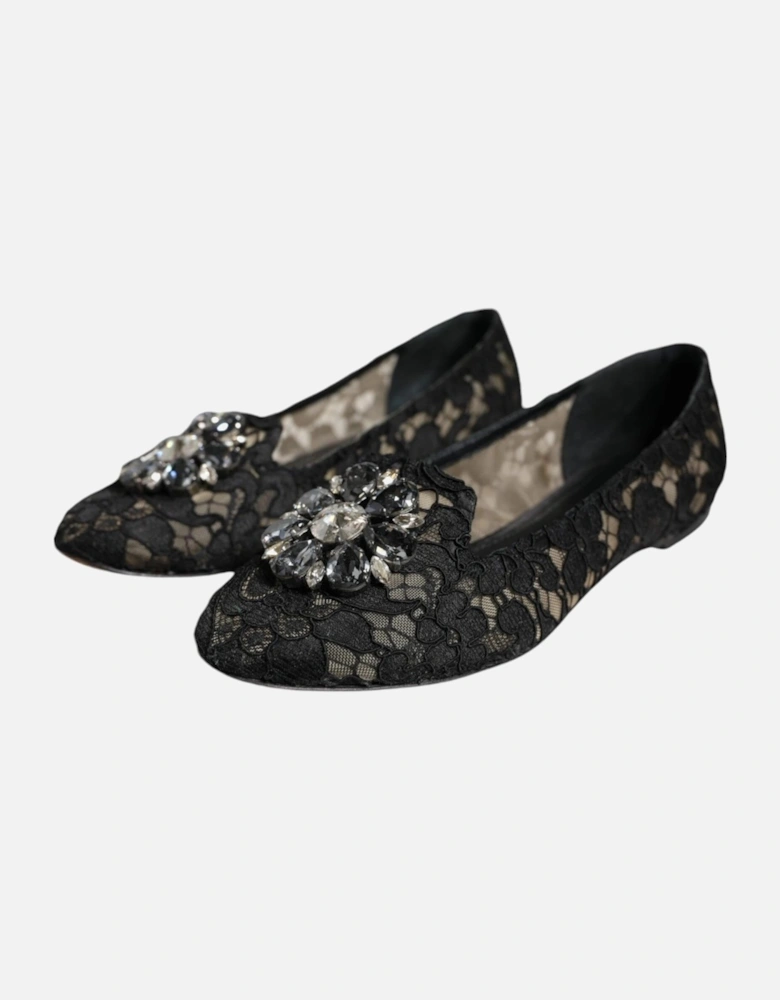 Floral Lace Ballet Flats with Crystal Buckle Women - Black Flat Shoes