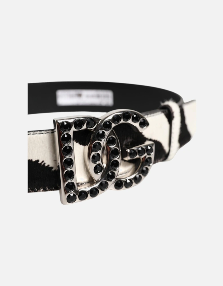 Leather Belt with Crystal Studded Logo Buckle Women - Black And White