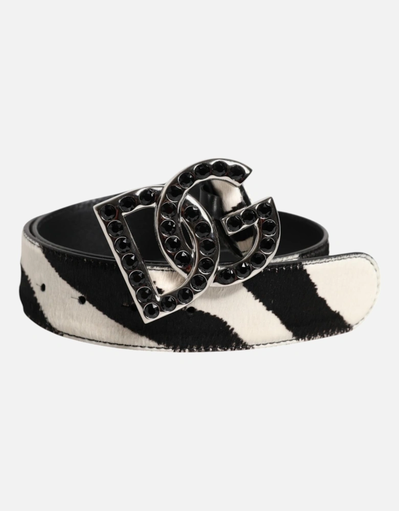 Leather Belt with Crystal Studded Logo Buckle Women - Black And White