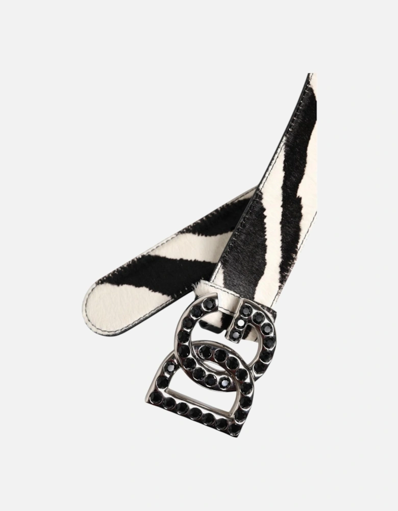 Leather Belt with Crystal Studded Logo Buckle Women - Black And White