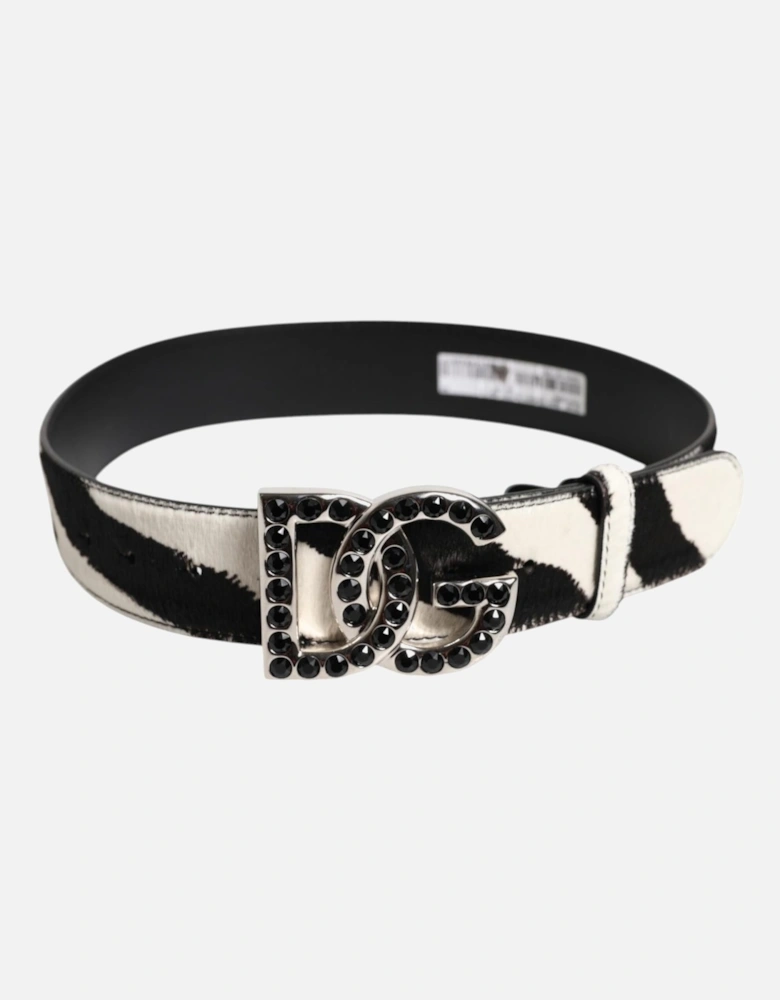 Leather Belt with Crystal Studded Logo Buckle Women - Black And White