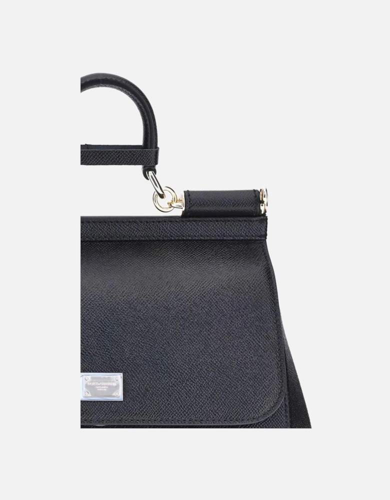 Leather Handbag with Rigid Top Handle Women - Black