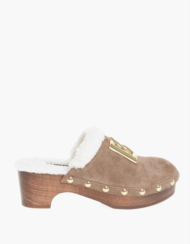 Round Toeline Suede Wooden Heel Shoes Women - Beige Sandals