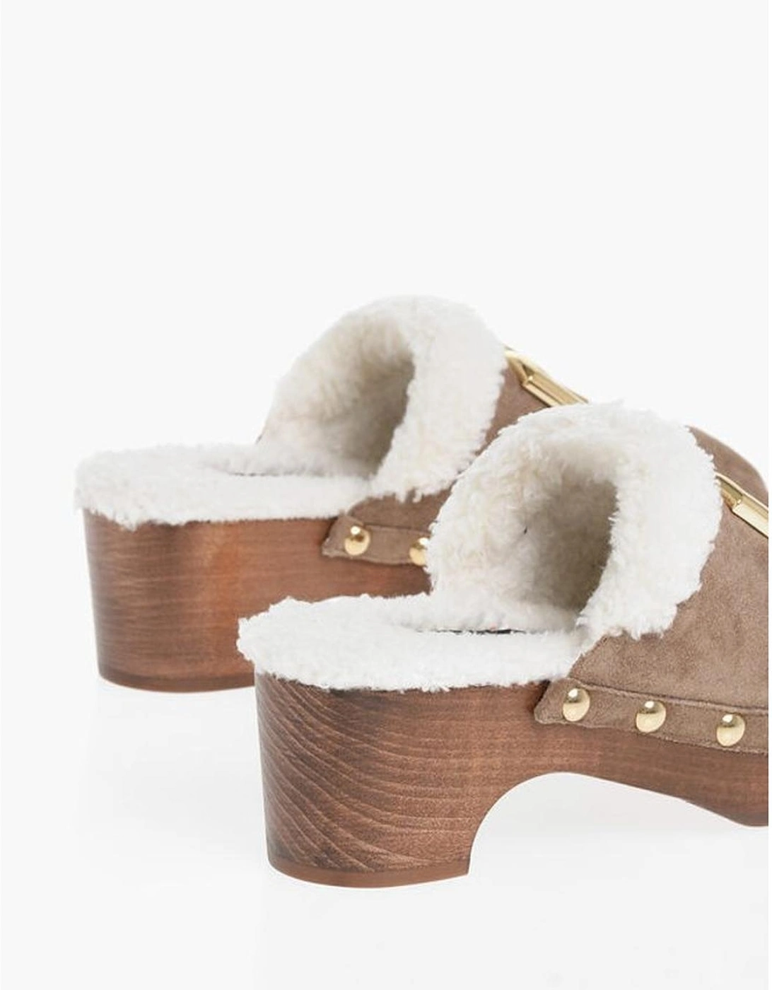 Round Toeline Suede Wooden Heel Shoes Women - Beige Sandals