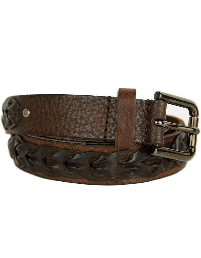 Hammered and Woven Calfskin Belt with Metal Buckle Women - Brown