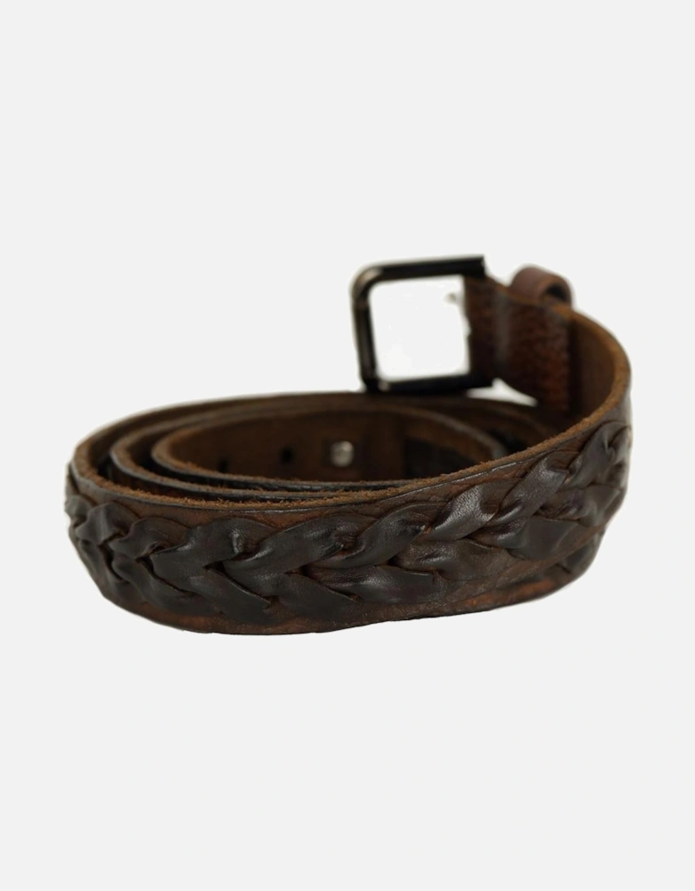 Hammered and Woven Calfskin Belt with Metal Buckle Women - Brown