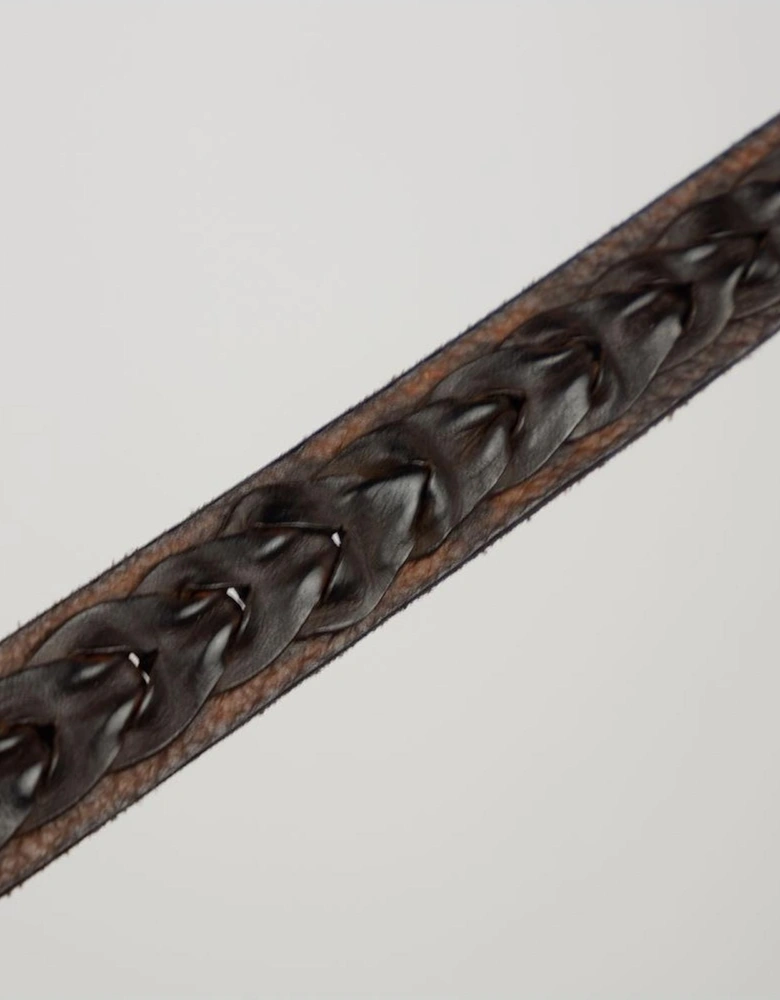 Hammered and Woven Calfskin Belt with Metal Buckle Women - Brown