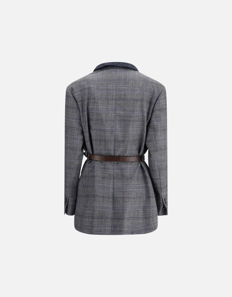 Prince of Wales Pattern Blazer with Denim Collar Women - Gray Suits
